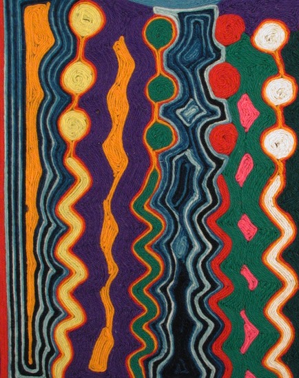 Hearst Museum object 2 of 3 titled Yarn painting, accession number 3-28636, described as Yarn painting; sun upper left; upper right is circle with radiating globes and black cat-like figure within; standing anthropomorphic figure lower right; varicolored; 61.6 X 60.5 cm