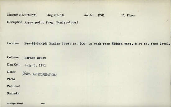Documentation associated with Hearst Museum object titled Stone point, accession number 2-32371, described as Arrow point fragment (Wonderstone)?