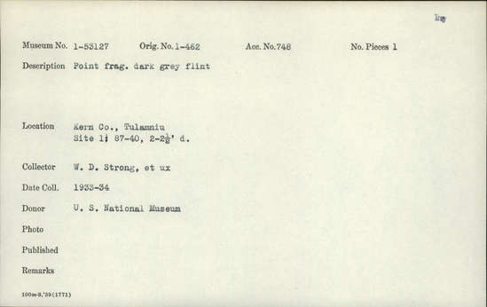 Documentation associated with Hearst Museum object titled Point fragment, accession number 1-53127, described as Fragment dark grey flint Notice: Image restricted due to its potentially sensitive nature. Contact Museum to request access.