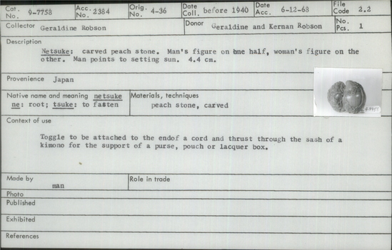 Documentation associated with Hearst Museum object titled Netsuke, accession number 9-7758, described as Netsuke carved in walnut shell. The extreme hardness of the walnut shell made this figure extremely difficult to carve. The meat inside the shell was removed through himetoshi. Man's figure on one half, woman's figure on the other. Man points to setting sun.