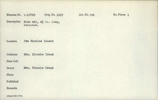 Documentation associated with Hearst Museum object titled Awl, accession number 1-15783, described as Made of bone. Bleached.