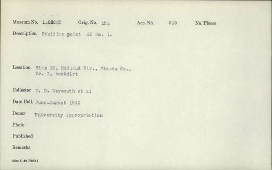 Documentation associated with Hearst Museum object titled Point, accession number 1-63035, described as Obsidian