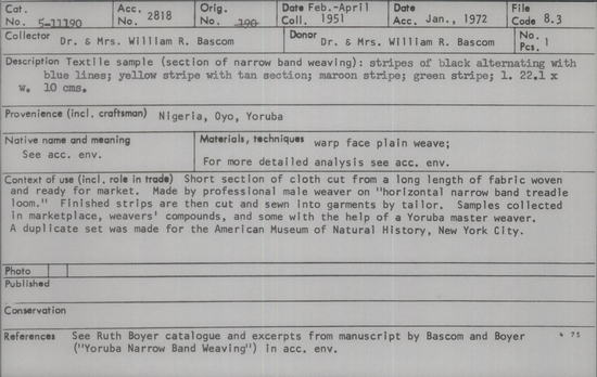 Documentation associated with Hearst Museum object titled Textile sample, accession number 5-11190, described as textile sample (section of narrow band weaving):  stripes of black alternating with blue lines;  yellow stripe with tan section;  maroon stripe; green stripe; l. 22.1 x w. 10 cms.