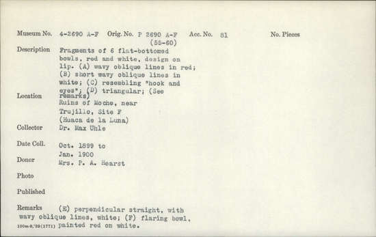 Documentation associated with Hearst Museum object titled Broken bowl, accession number 4-2690f, described as Bowls: Sherds