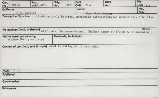 Documentation associated with Hearst Museum object titled Berries, accession number 1-10192, described as Specimen, ethnobotanical; berries, manzanita (Arctostaphylos manzanita), 7 bottles.