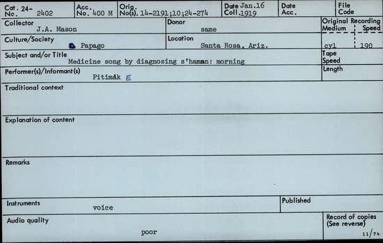 Documentation associated with Hearst Museum object titled Audio recording, accession number 24-2402, described as Medicine song by diagnosing shaman: morning