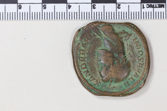 Hearst Museum object 3 of 8 titled Coin: æ sestertius, accession number 8-5655, described as Coin. Roman. Sestertius, Æ. (   grams; 34 mm). Severus Alexander. 222-231/5 AD. Rome. Obverse: IMP  SEV  ALEXANDER  AVG   Bust facing right, laureate. Reverse: VICTORIA AVGVSTI   Victory standing facing left, holding wreath and palm; S C in field.