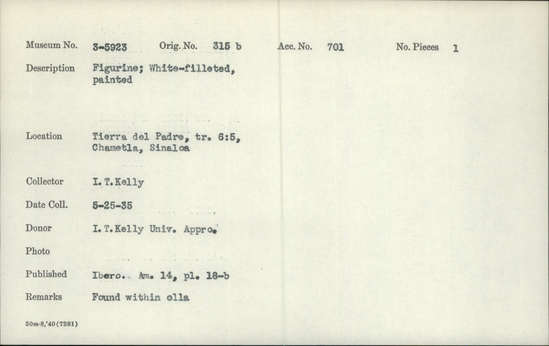 Documentation associated with Hearst Museum object titled Figurine, accession number 3-5923, described as Figurines, white-filleted, painted.