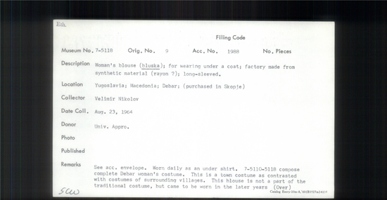 Documentation associated with Hearst Museum object titled Blouse, accession number 7-5118, described as Woman’s blouse (bluska); for wearing under a coat; factory made from synthetic material (rayon?); long-sleeved