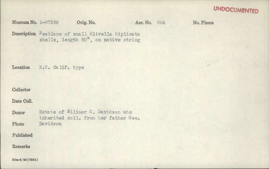 Documentation associated with Hearst Museum object titled Necklace, accession number 1-67289, described as Made of small Olivella biplicata shells, on native string.