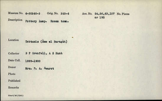 Documentation associated with Hearst Museum object titled Oil lamp, accession number 6-20360, described as Pottery: lamp. Roman town.