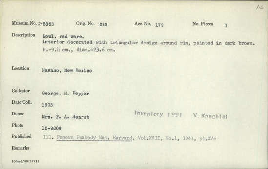 Documentation associated with Hearst Museum object titled Bowl, accession number 2-8353, described as Red ware, interior decorated with triangular design around rim, painted in dark brown.