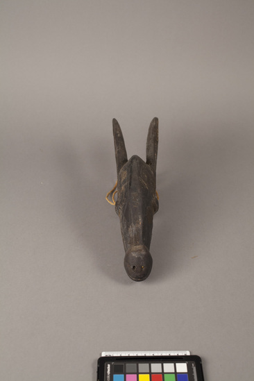 Hearst Museum object titled Figure, accession number 5-16293, described as carved wooden horse’s head (on a stand). Incised design with fragments of coating material (unidentified); long pointed ears (mule like). hollow neck cord.