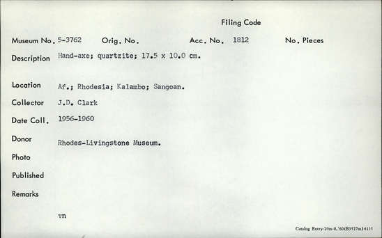 Documentation associated with Hearst Museum object titled Handaxe, accession number 5-3762, described as Hand-axe; quartzite; 17.5 x 10.0 cm.