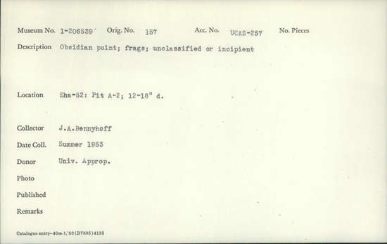 Documentation associated with Hearst Museum object titled Point fragments, accession number 1-206539, described as Obsidian. Unclassified or incipient.