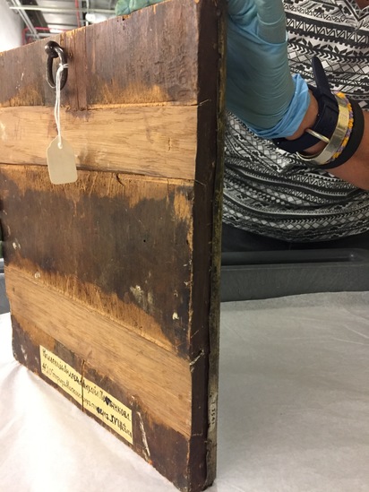 Hearst Museum object 41 of 49 titled Icon, accession number 7-3541, described as Icon of “Our lady of Vladmir”; Virgin and Child in tempera and gesso on wood; gilded silver basma; cloisonne halo with cloisonne collar pendant; halo has glass and amber (?) ornamentation; Virgin’s face damaged; height 30.2 cm, width 26 cm.