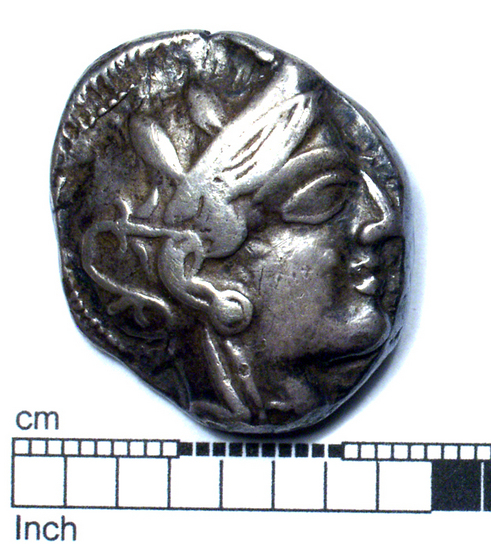 Hearst Museum object 8 of 10 titled Coin: tetradrachm, accession number 8-5299, described as Coin; AR; Tetradrachm; Greek. 500-430 BC. Athens, Greece. Obverse: bust of Athena r. laureate. Reverse: ΑθΕ, Owl; to left, olive branch.