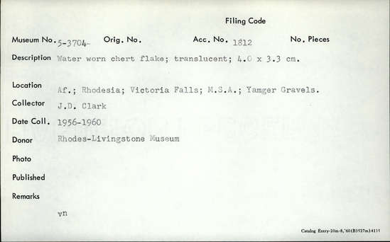 Documentation associated with Hearst Museum object titled Flake, accession number 5-3704, described as Water worn chert flake; translucent