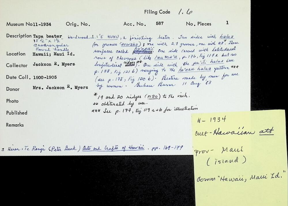 Hearst Museum object titled Iʻe kuku (tapa beater), accession number 11-1934, described as Tapa beater.