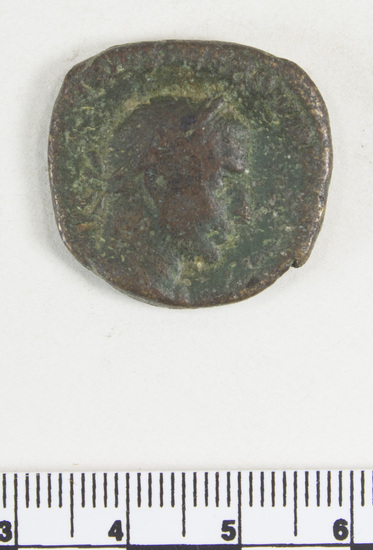 Hearst Museum object 7 of 8 titled Coin: æ sestertius, accession number 8-5888, described as Coin: Sestertius, Æ; Trebonianus Gallus - 14.36 grams. Rome, 251-253 AD. Obverse: [IMP CAES VIB] IVSTREBONIAN[VS GALLVS AVG] - bust facing right, draped, laureate. Reverse: [IVNONIMARTIALI] SC - Juno seated front in round distyle temple, peacock at her side.