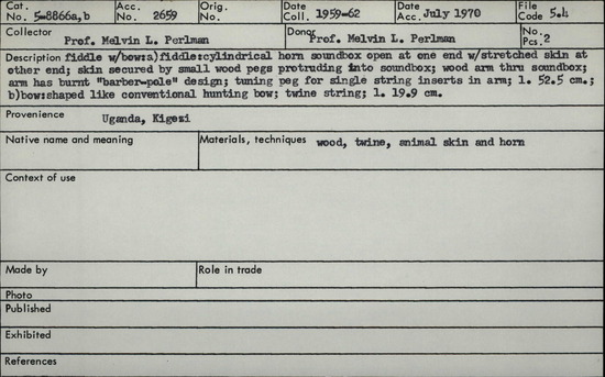 Documentation associated with Hearst Museum object titled Instrument and bow, accession number 5-8866a,b, no description available.