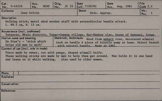 Documentation associated with Hearst Museum object titled Walking stick, accession number 5-14219, no description available.