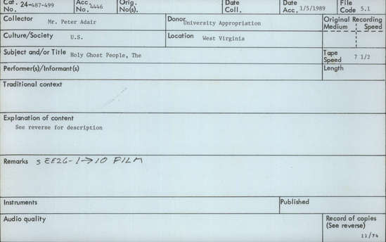 Documentation associated with Hearst Museum object titled Audio recording, accession number 24-491, described as The Holy Ghost People. Serpent Handlers. See 26-1 -> 10 film.