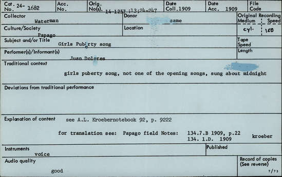 Documentation associated with Hearst Museum object titled Audio recording, accession number 24-1682, described as Girls' Puberty Song