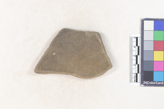 Hearst Museum object 2 of 2 titled Potsherd, accession number 16-8119, described as Potsherd; body, long crosshatches. Section of Manta on Beach currently inhabited. Numbers  8111 to 8194 are sherds picked up on beach at low tide.