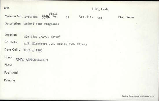 Documentation associated with Hearst Museum object titled Faunal remains, accession number 1-147585, described as Animal.