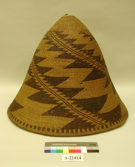 Hearst Museum object titled Basket, accession number 1-22414, described as Diagonal twine, brown decoration.