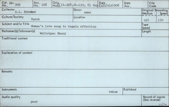 Documentation associated with Hearst Museum object titled Audio recording, accession number 24-909, described as Woman's Love Song(to regain affection)