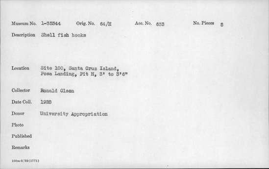 Documentation associated with Hearst Museum object titled Fishhooks, accession number 1-35344, described as Shell fishhooks.