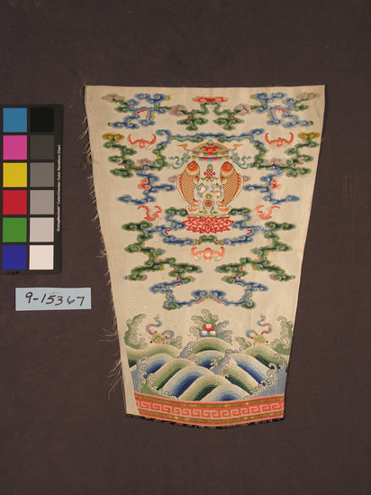 Hearst Museum object titled Sleeve, accession number 9-15367, described as Sleeve. Silk. Satin, embroidered. White ground, varicolored designs, Designs of Buddhist symbols. 23¾ inches by 10¼ inches to 16 inches.