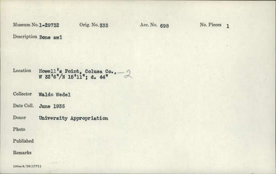 Documentation associated with Hearst Museum object titled Awl, accession number 1-29732, described as Bone.