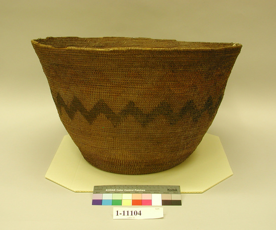 Hearst Museum object titled Basket, accession number 1-11104, described as Large, deep. One black and one yellow zigzag band design.