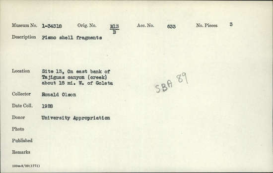 Documentation associated with Hearst Museum object titled Shell fragments, accession number 1-34318, described as Pismo.