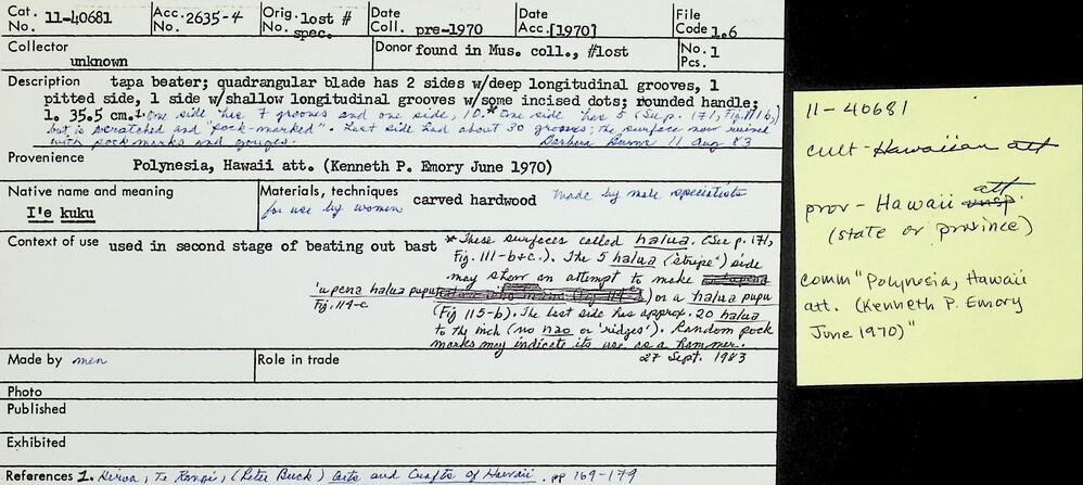 Hearst Museum object 5 of 6 titled Tapa beater, accession number 11-40681, described as Quadrangular blade has 2 sides with deep longitudinal grooves, one pitted side, one side with shallow longitudinal grooves with some incised dots; rounded handle. Made of carved hardwood.