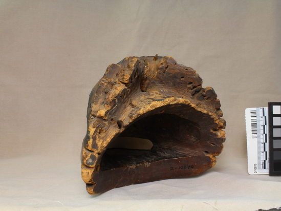 Hearst Museum object 4 of 9 titled Mask, accession number 2-10870, described as Bear head mask, decorated with strips of copper; dark brown glass eyes; wood painted black (?), red and white. Had fur cap attached, now long since destroyed by moths.