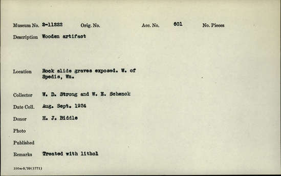 Documentation associated with Hearst Museum object titled Wooden artifact, accession number 2-11222, described as Wooden artifact.