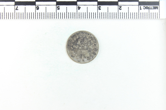 Hearst Museum object 3 of 4 titled Coin, accession number 7-3816, described as Coin; AG; 3 pence; obverse: Bust of Queen Victoria; Reverse: crown and wreath; 1858