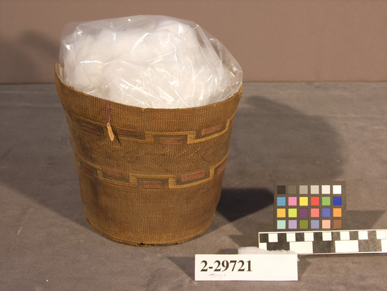 Hearst Museum object titled Basket, accession number 2-29721, described as Twined, with colored designs, bucket shape.