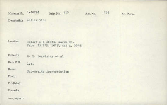 Documentation associated with Hearst Museum object titled Antler tine, accession number 1-60766, described as Antler tine. Notice: Image restricted due to its potentially sensitive nature. Contact Museum to request access.