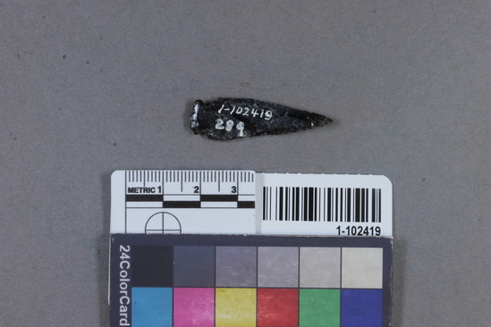 Hearst Museum object titled Projectile point, accession number 1-102419, described as Obsidian.