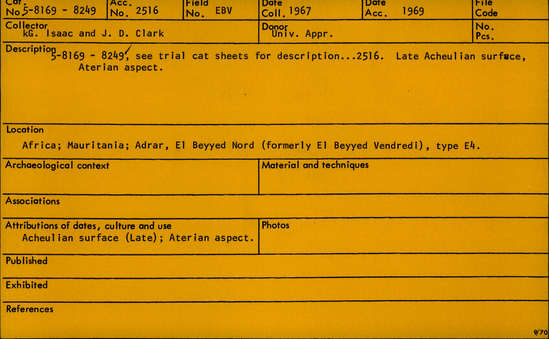 Documentation associated with Hearst Museum object titled Flake, accession number 5-8234, described as Prismatic flake; rounded at platform end; stemmed at other; bulb removed; squamous flaking on one edge; length 5 cm