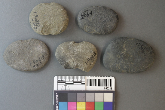 Hearst Museum object titled Sinkers, accession number 1-90213, described as Notched, pebble, above historic level