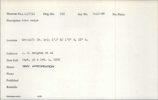 Documentation associated with Hearst Museum object titled Wedge, accession number 1-127711, described as Bone wedge.