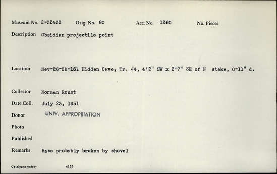 Documentation associated with Hearst Museum object titled Stone point, accession number 2-32433, described as Obsidian projectile point.