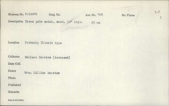 Documentation associated with Hearst Museum object titled Totem pole model, accession number 2-16670, described as Wood.