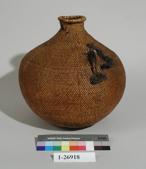 Hearst Museum object titled Water basket, accession number 1-26918, described as Large, globose pitched water bottle with horsehair handle.